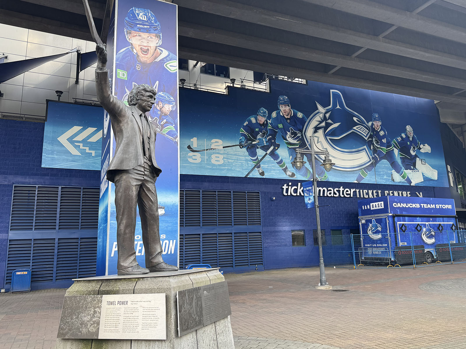 A statue of former Canucks coach Roger Neilson stands outside Rogers Arena in Vancouver, British Columbia