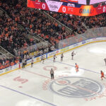Panoramic view of the rink and seating bowl at Rogers Place in Edmonton, Alberta, during an Oilers hockey game