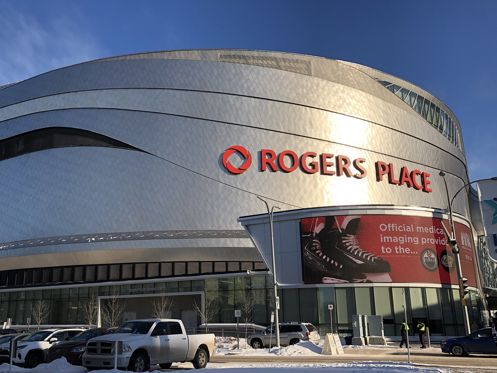 Signage on the silver exterior of Rogers Place in Edmonton, Alberta, Canada