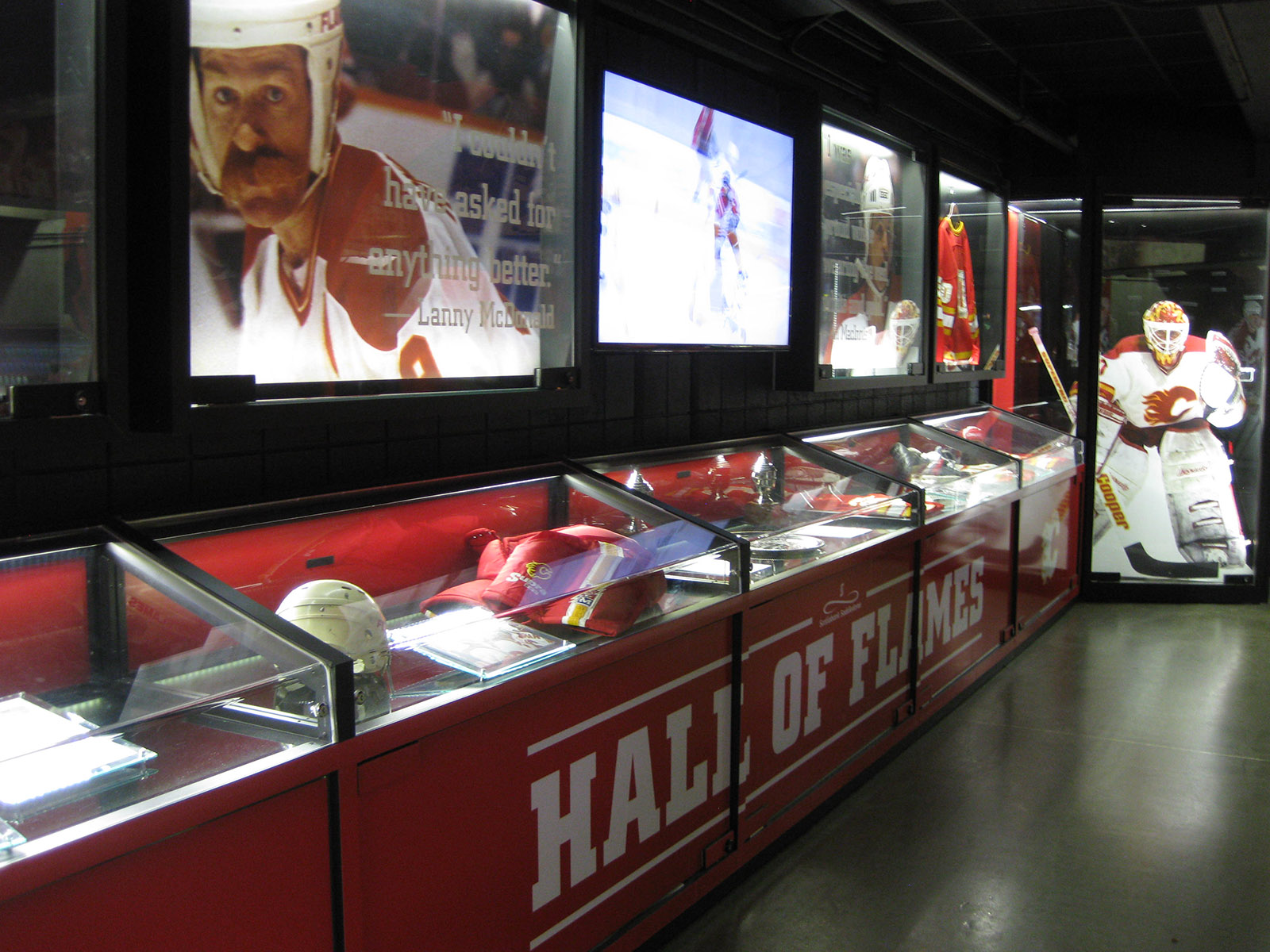 An exhibit honors the Calgary Flames franchise history at the Scotiabank Saddledome in Calgary, Alberta, Canada