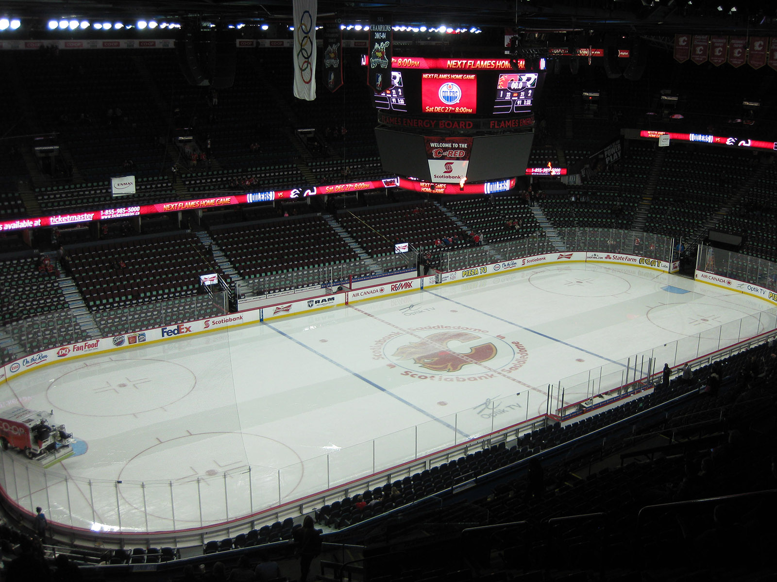 View of the rink as Zambonis resurface the ice at the Scotiabank Saddledome in Calgary, Alberta, Canada