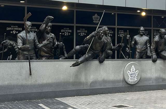 Panoramic view of Legends Row, a set of statues of Maple Leafs greats at Scotiabank Arena in Toronto, Ontario