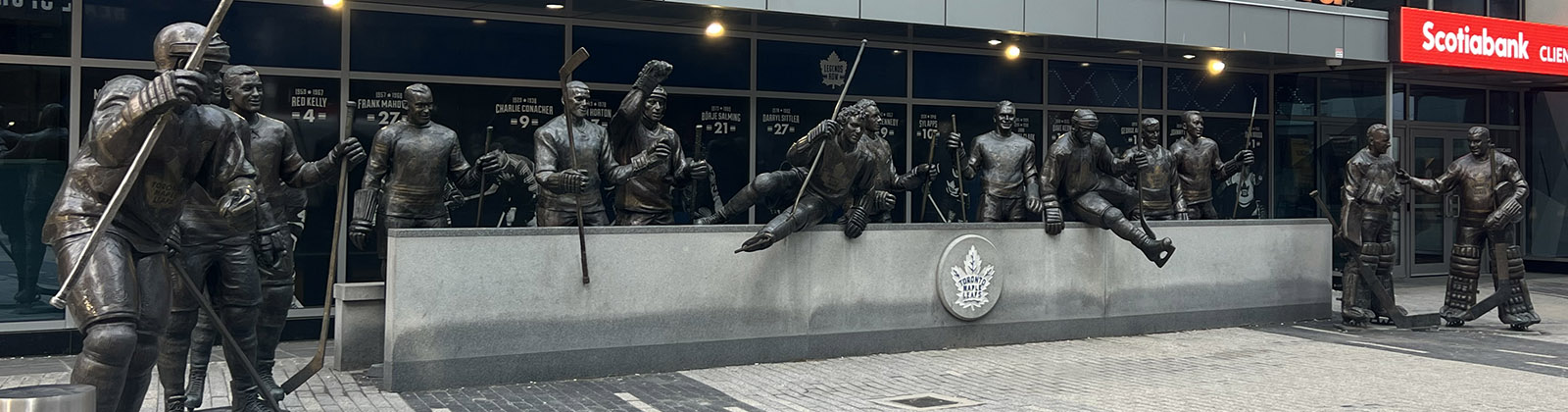 Panoramic view of Legends Row, a set of statues of Maple Leafs greats at Scotiabank Arena in Toronto, Ontario
