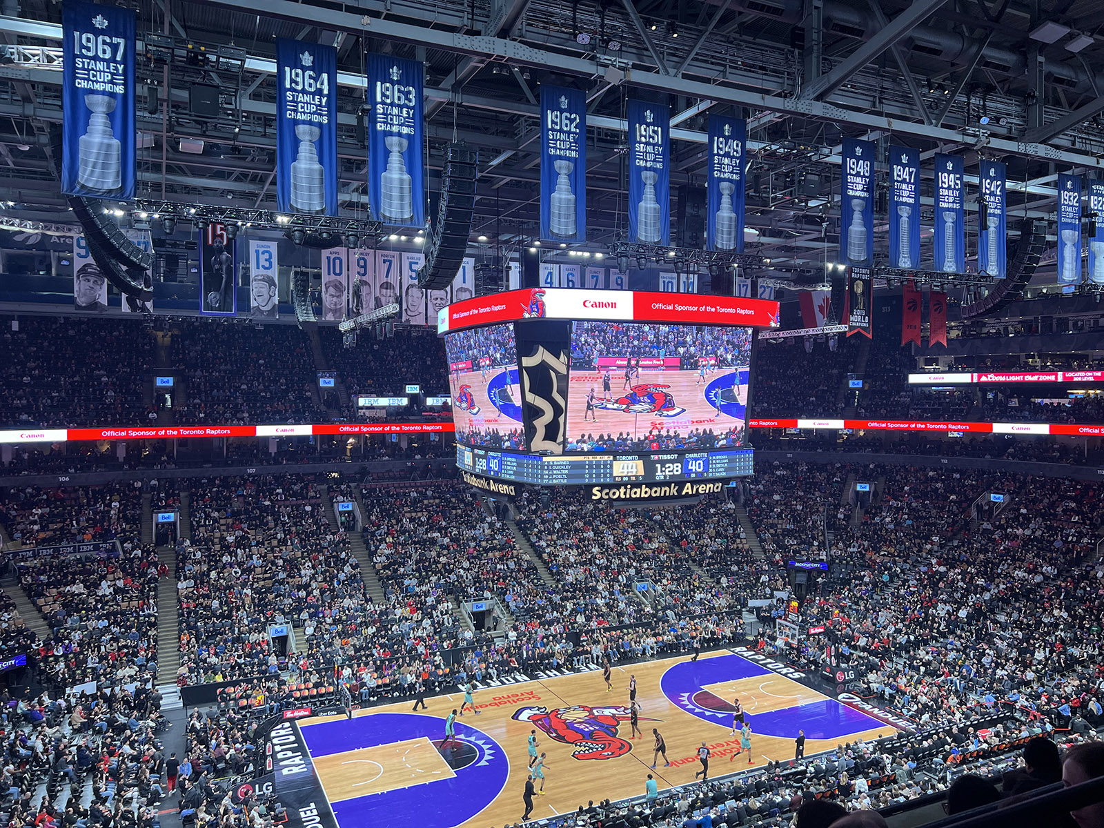 View of the court and seating bowl at Scotiabank Arena in Toronto, Ontario, during a Raptors basketball game
