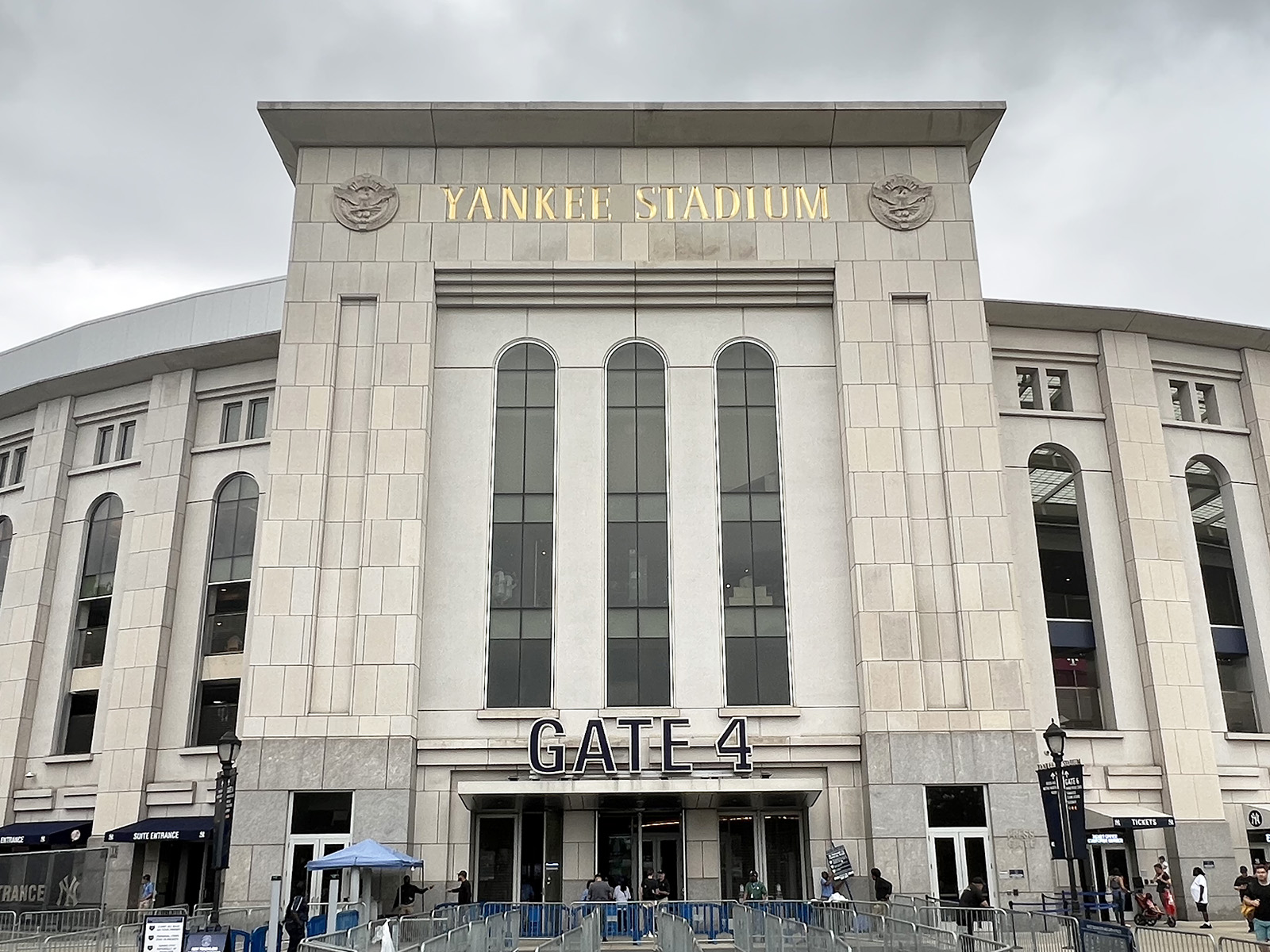 Exterior signage above Gate 4 at Yankee Stadium in the Bronx, New York