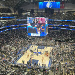 View of the court from the end stands at American Airlines Center during a Dallas Mavericks game
