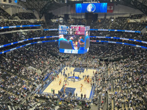 View of the court from the end stands at American Airlines Center during a Dallas Mavericks game
