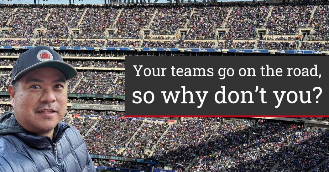 Itinerant Fan - your teams go on the road, so why don't you? (Hero image of site homepage, with MetLife Stadium in the background)
