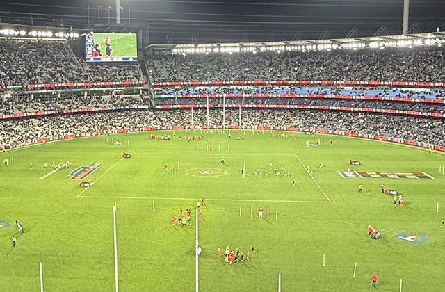 Panoramic view of the field at the Melbourne Cricket Ground during an Australian Football League match