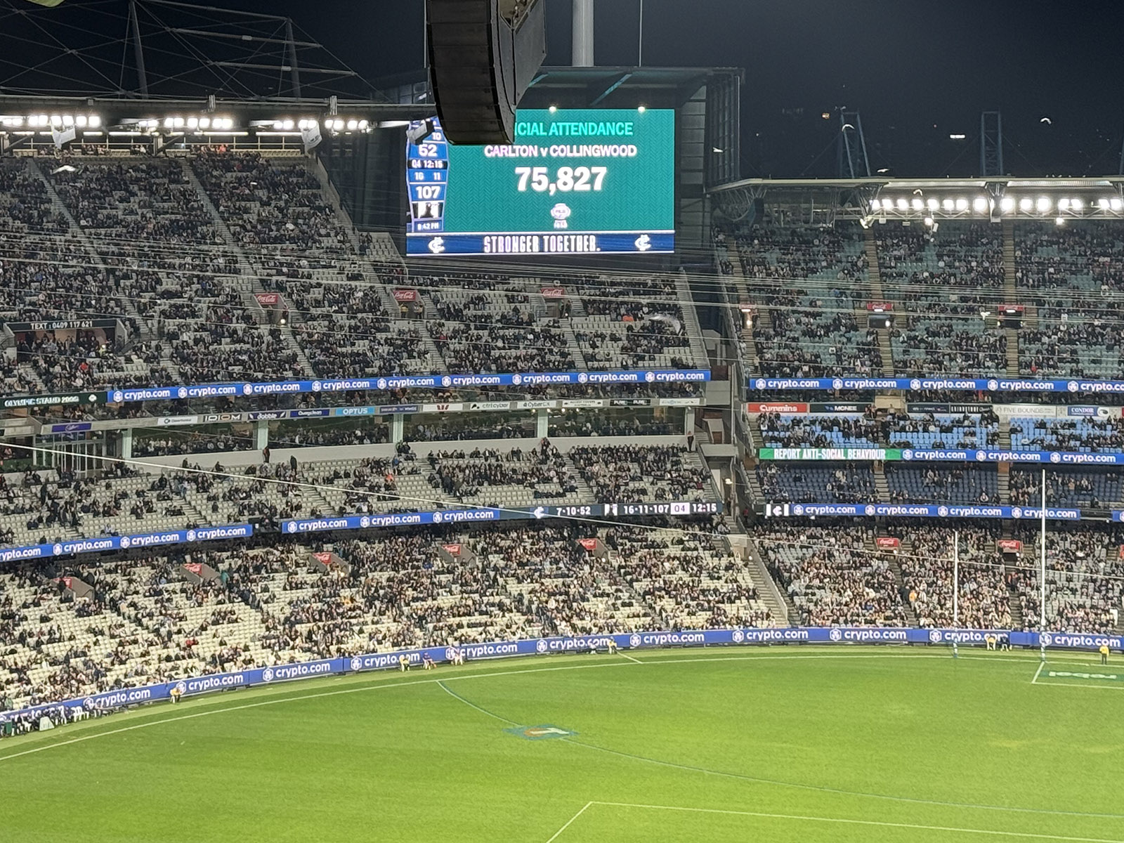 View of the stands and videoboard at the Melbourne Cricket Ground during an Australian Football League match