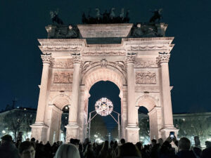 The cauldron for the 2026 Winter Olympics on display at the Arco della Pace in Milan, Italy