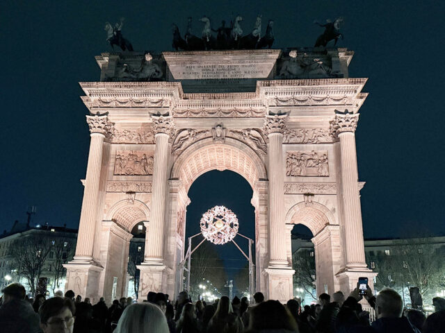 The cauldron for the 2026 Winter Olympics on display at the Arco della Pace in Milan, Italy