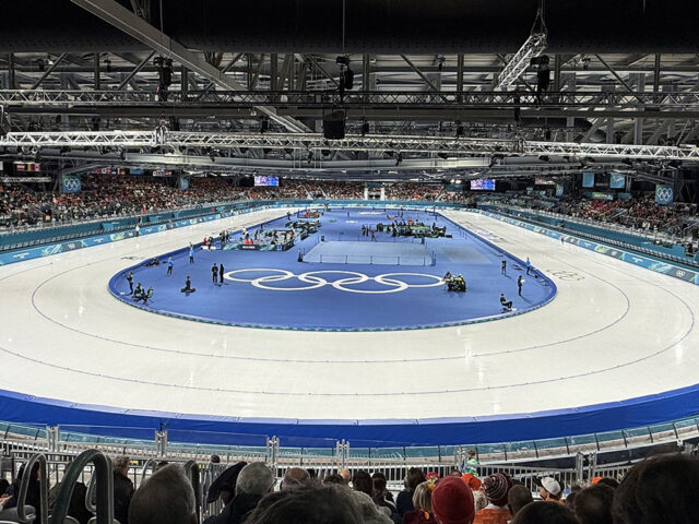 View of the speed skating track at the Rho Fiera center in Milan, Italy, during the 2026 Winter Olympics
