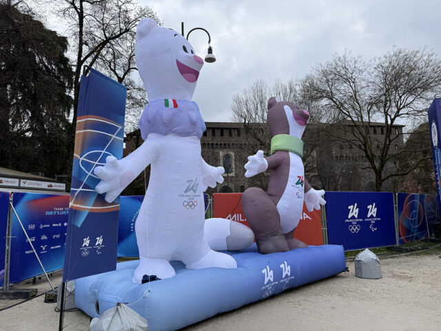 Inflatable statues of Tina and Milo, the mascots of the 2026 Winter Olympics, on display in Milan, Italy