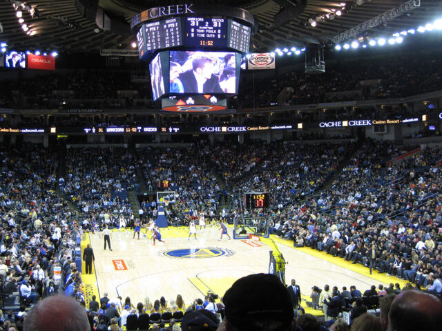 View of the court during a Golden State Warriors game at Oracle Arena in Oakland