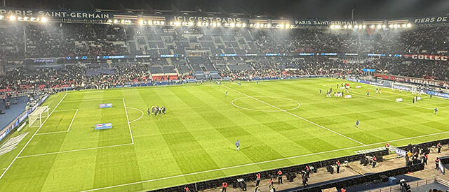 Panoramic view of the pitch at the Parc des Princes stadium during a Paris Saint-Germain match