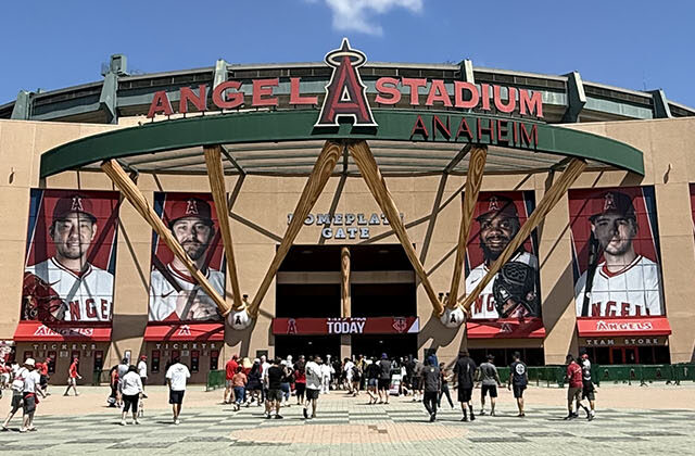 Fans line up at the entrance to Angel Stadium of Anaheim