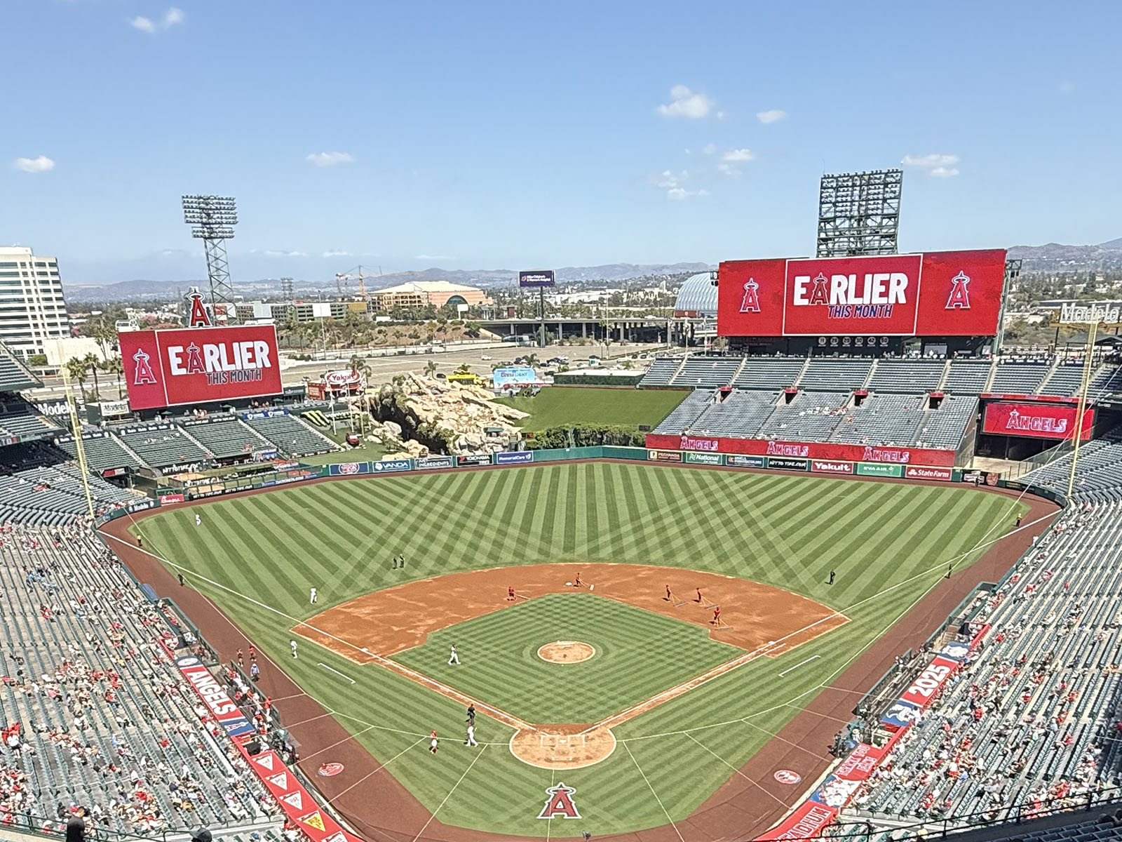 View of the field at Angel Stadium of Anaheim during a Los Angeles Angels baseball game