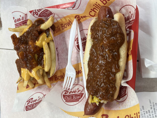 Half smoke all the way and chili cheese fries from Ben's Chili Bowl in Washington, D.C.