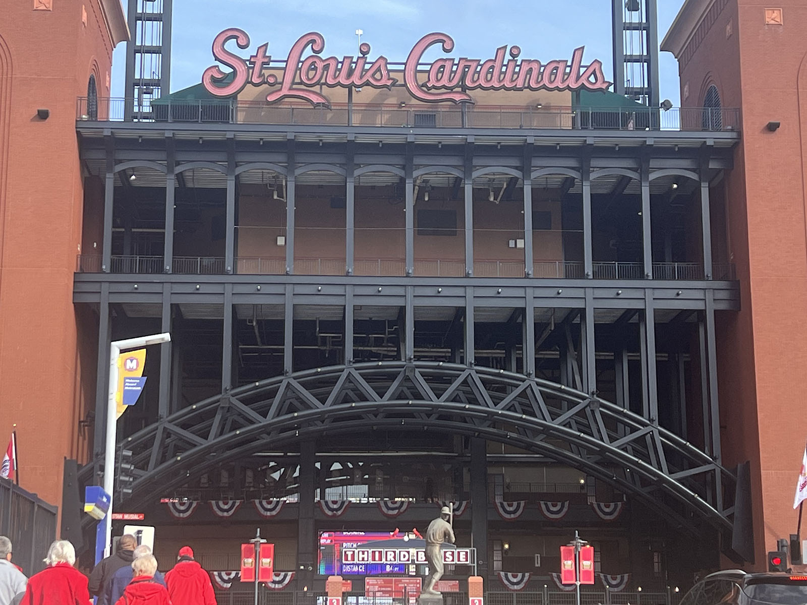 A statue of Cardinals great Stan Musial stands in front of the third-base gate at Busch Stadium in St. Louis, Missouri