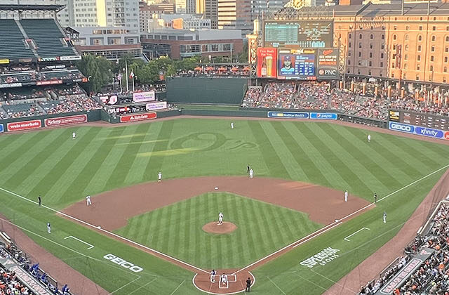 Panoramic view of the seating bowl at Oriole Park at Camden Yards in Baltimore, Maryland