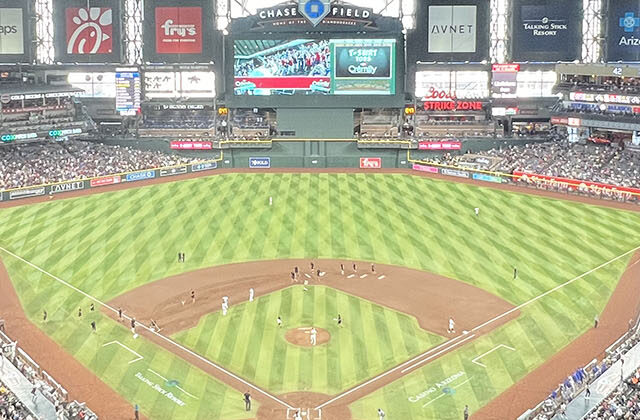 View of the diamond at Chase Field in Phoenix, as seen from the upper deck behind home plate