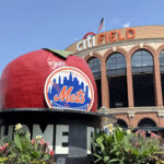 The New York Mets' original Home Run Apple stands in front of the home plate gate at Citi Field in Flushing, New York