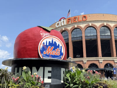 The New York Mets' original Home Run Apple stands in front of the home plate gate at Citi Field in Flushing, New York
