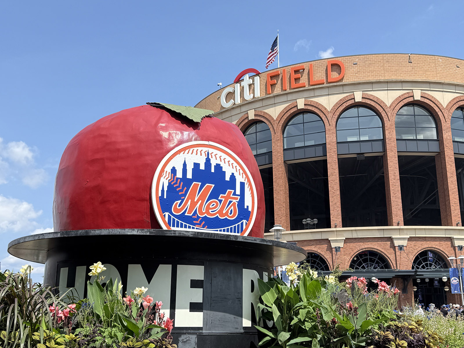 The New York Mets' original Home Run Apple stands in front of the home plate gate at Citi Field in Flushing, New York