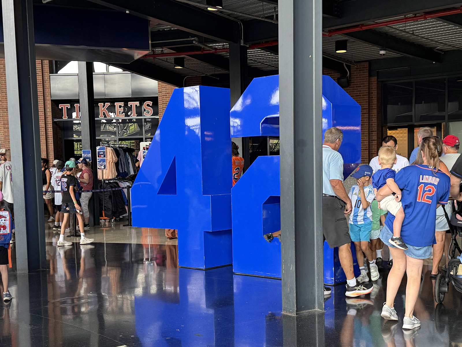 A large blue No. 42 commemorates Jackie Robinson inside the home plate entrance to Citi Field in Flushing, New York