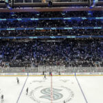 Panoramic view of the seating bowl at Climate Pledge Arena in Seattle, Washington, during a Kraken hockey game