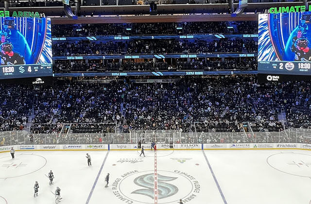 Panoramic view of the seating bowl at Climate Pledge Arena in Seattle, Washington, during a Kraken hockey game