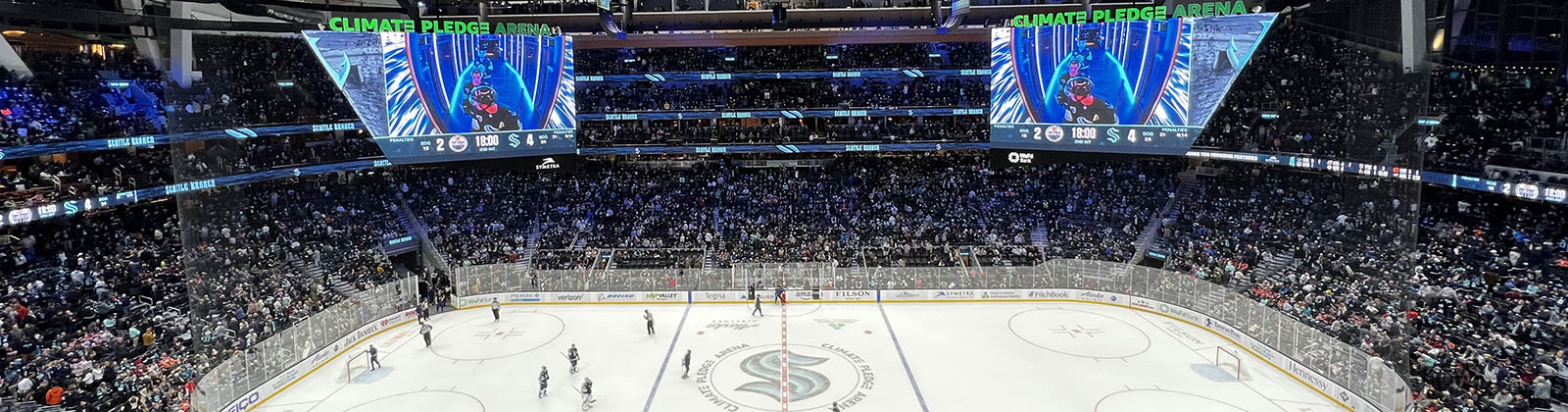 Panoramic view of the seating bowl at Climate Pledge Arena in Seattle, Washington, during a Kraken hockey game