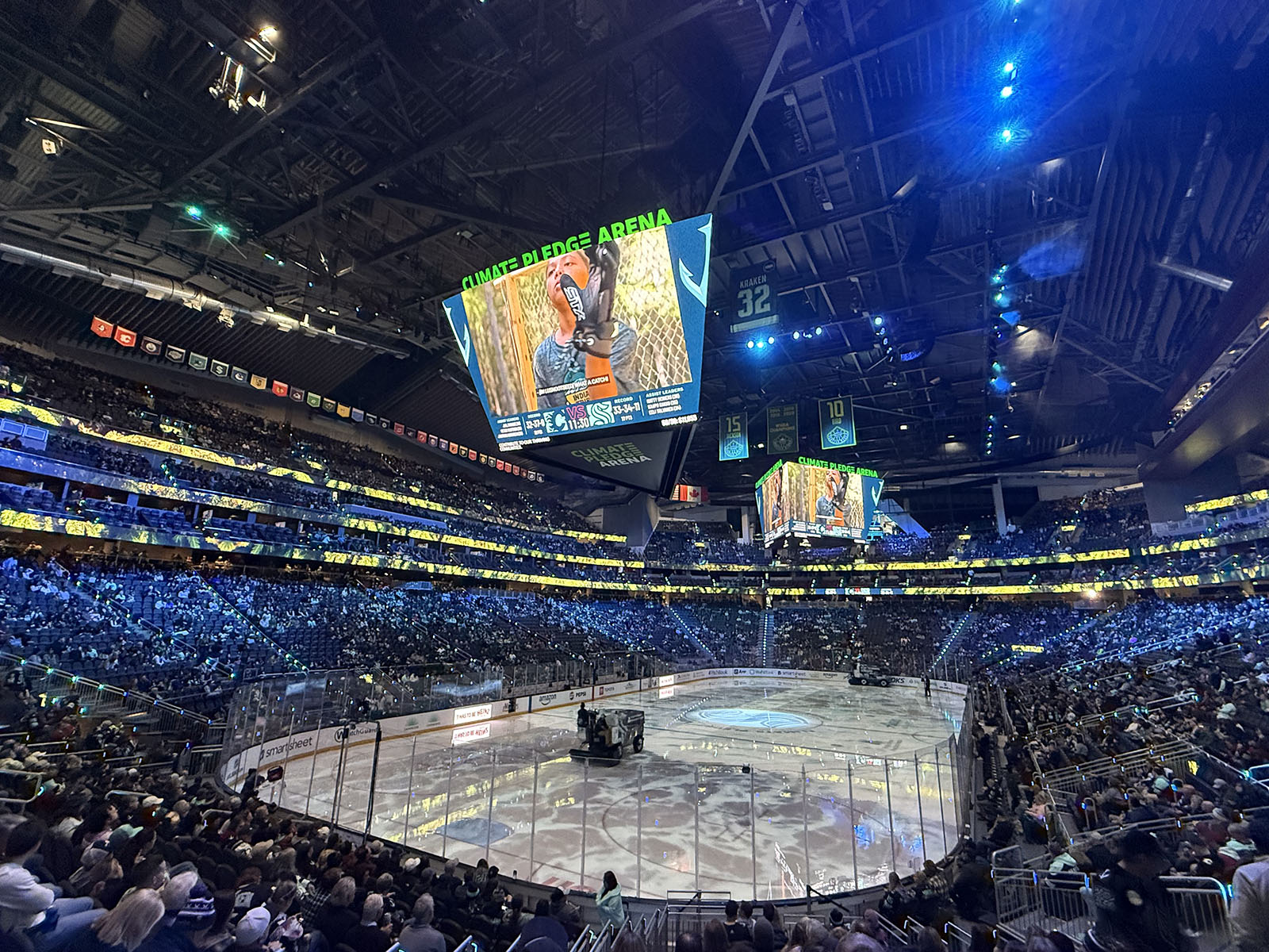 View of the seating bowl at Climate Pledge Arena in Seattle, Washington, during a Kraken hockey game