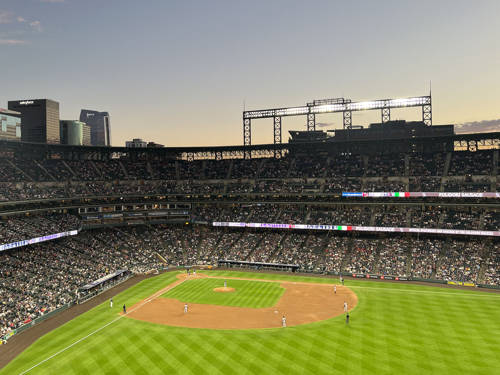 Overview of Coors Field in Denver, Colorado, as viewed from the right-field stands during a Colorado Rockies game