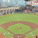 Panoramic view of the seating bowl at Daikin Park in Houston, Texas, during an Astros baseball game