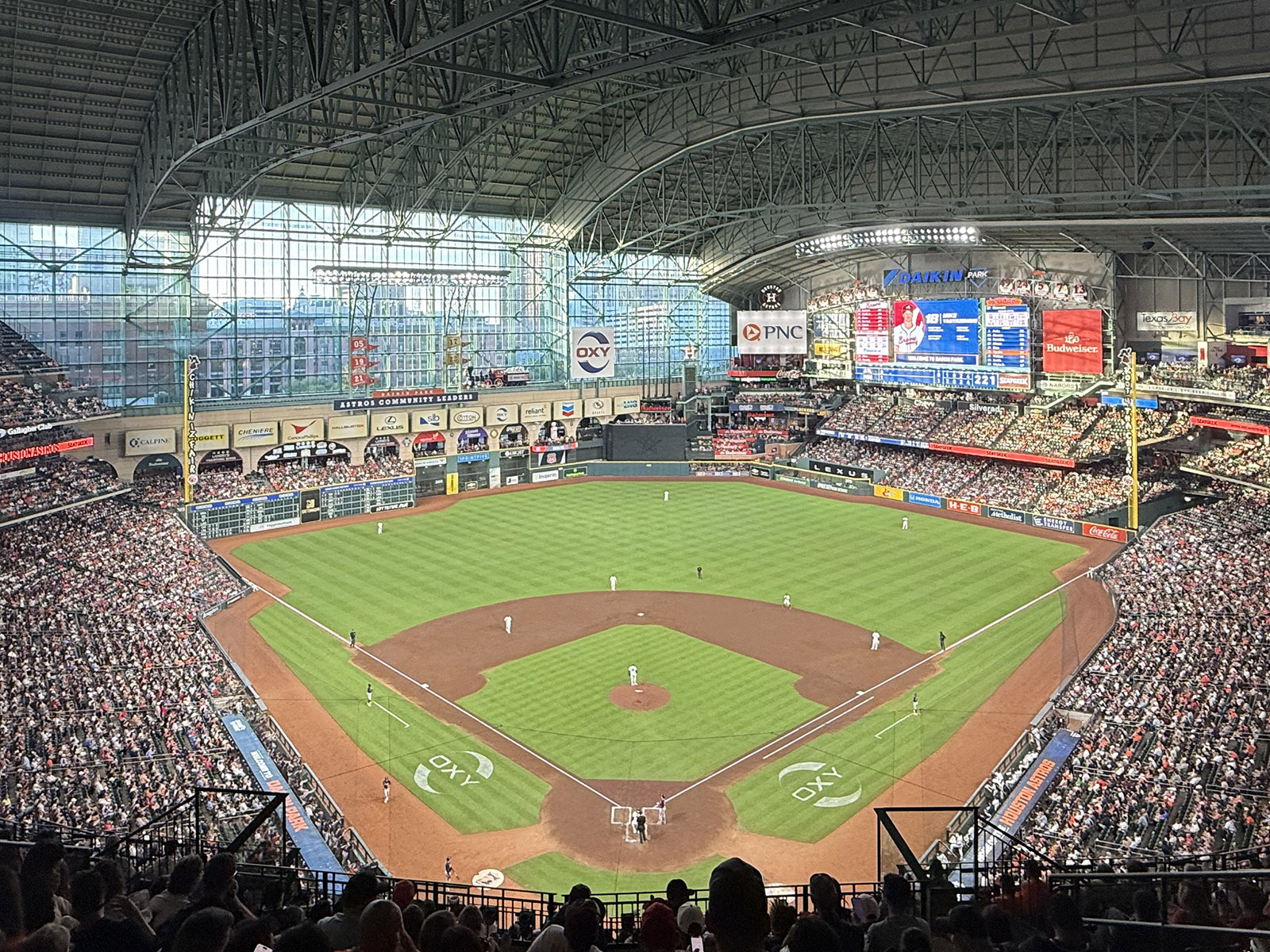 View of the seating bowl at Daikin Park in Houston, Texas, during an Astros baseball game