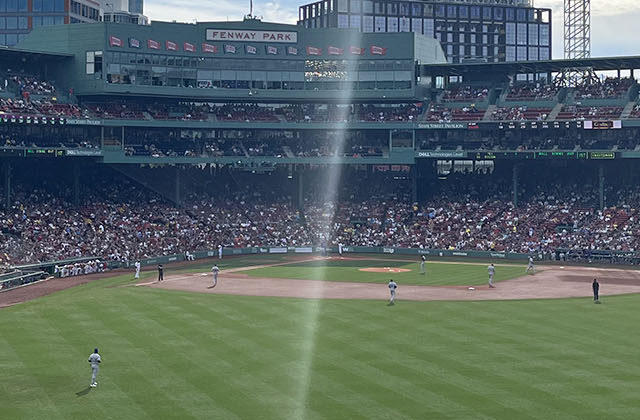 View of the field at Fenway Park in Boston, Massachusetts, during a Red Sox baseball game