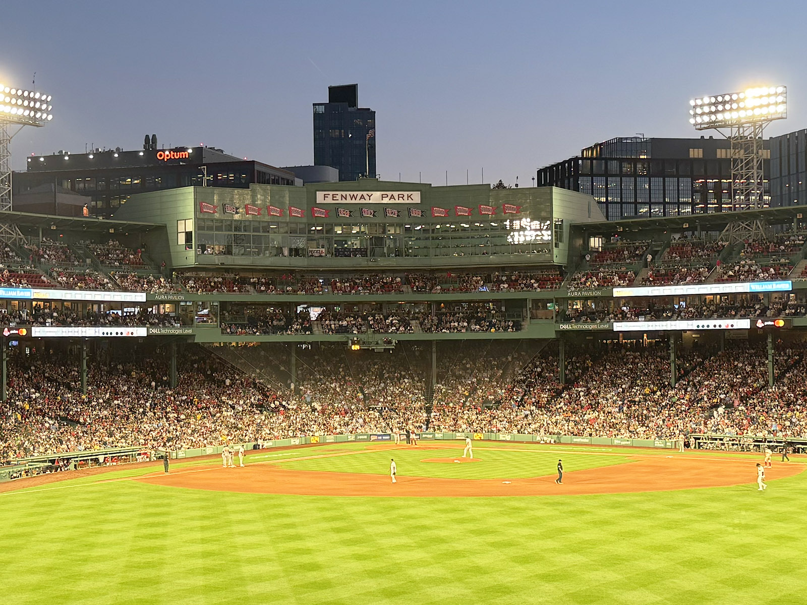 View of the field from the outfield bleachers at Fenway Park in Boston, Massachusetts, during a Red Sox baseball game