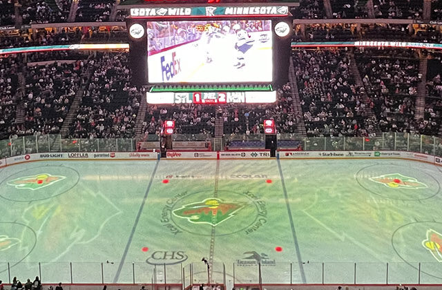 Panoramic view of the rink at Grand Casino Arena in St. Paul, Minnesota, during a Wild hockey game