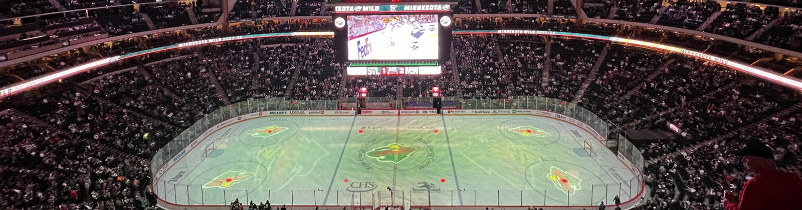 Panoramic view of the rink at Grand Casino Arena in St. Paul, Minnesota, during a Wild hockey game