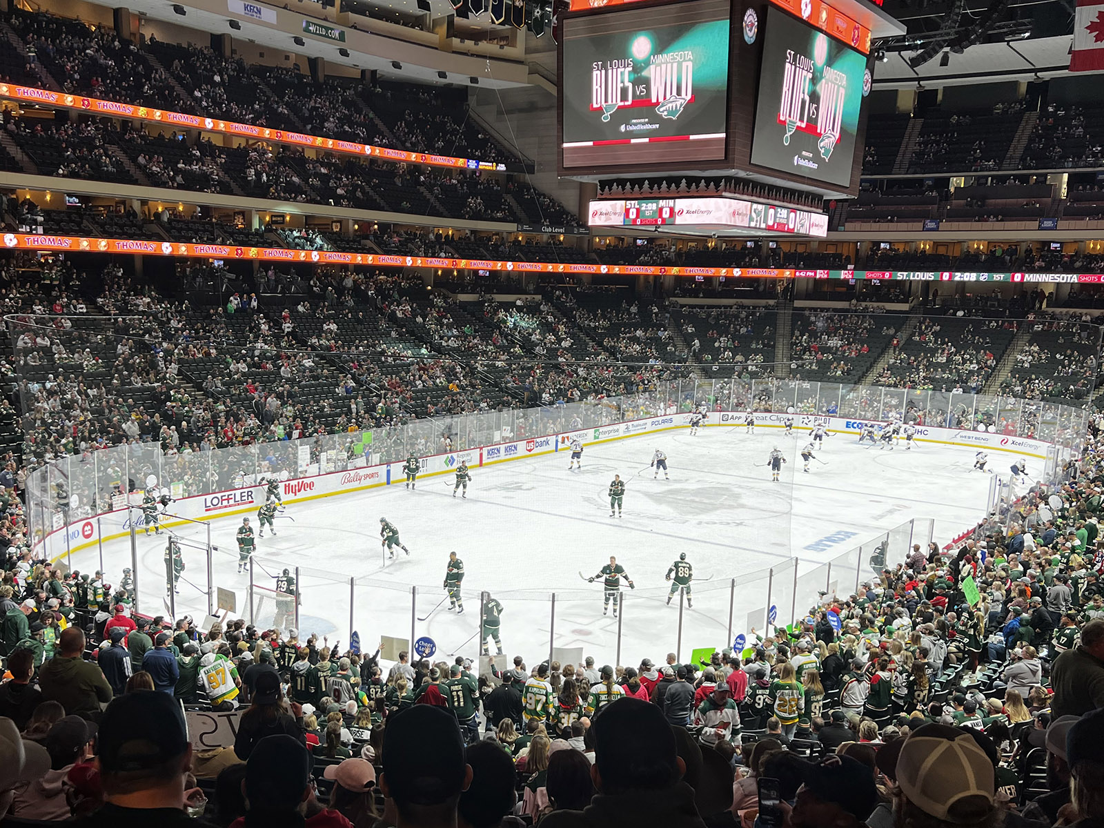 Players skate on the ice prior to a Wild hockey game at Grand Casino Arena in St. Paul, Minnesota