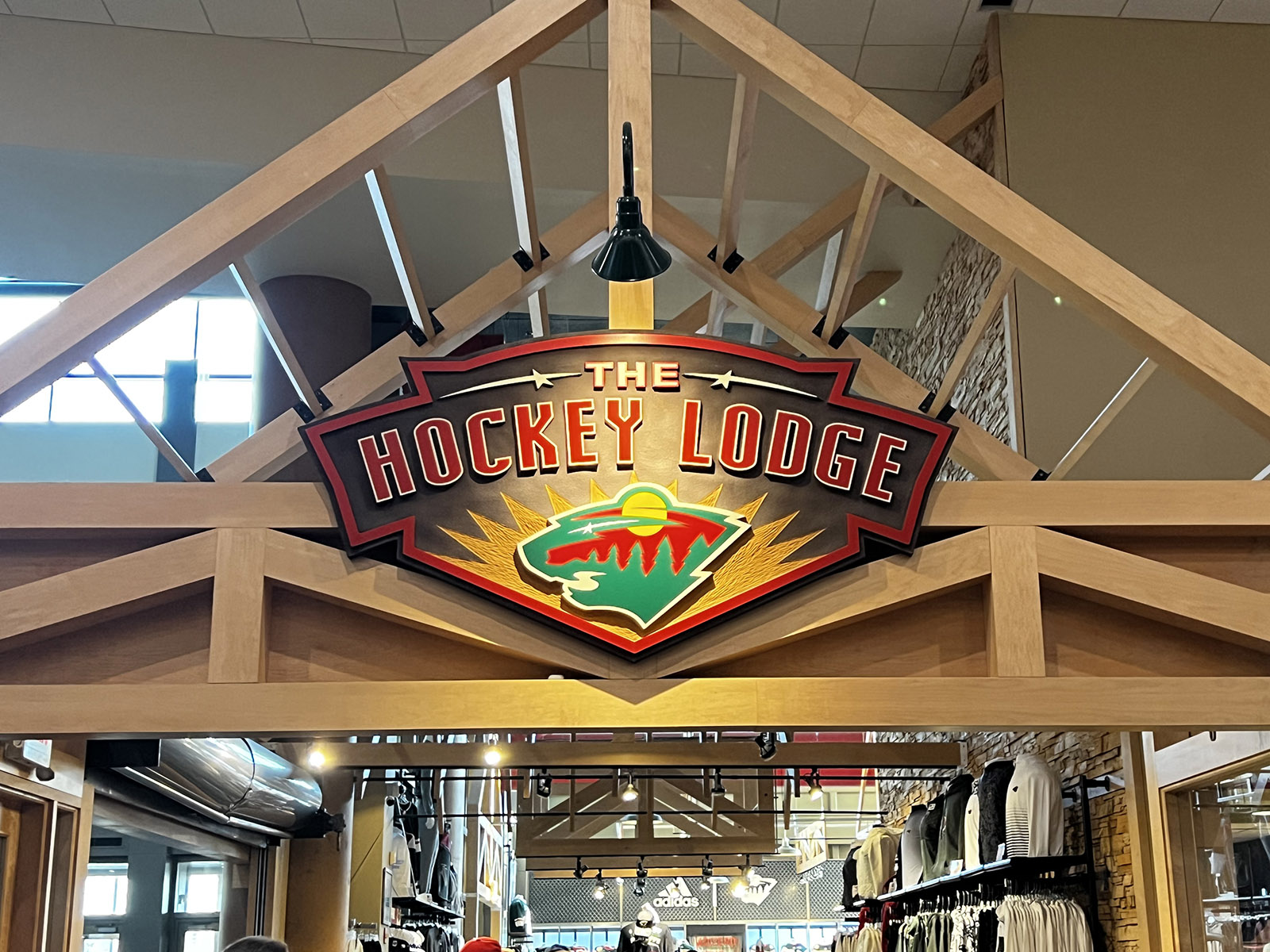 Signage above the Hockey Lodge, the Wild team store at Grand Casino Arena in St. Paul, Minnesota