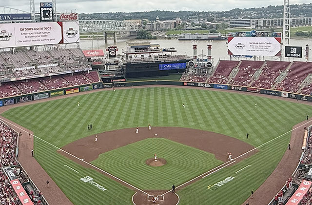 Panoramic view of the field at Great American Ball Park in Cincinnati, Ohio, during a Reds baseball game