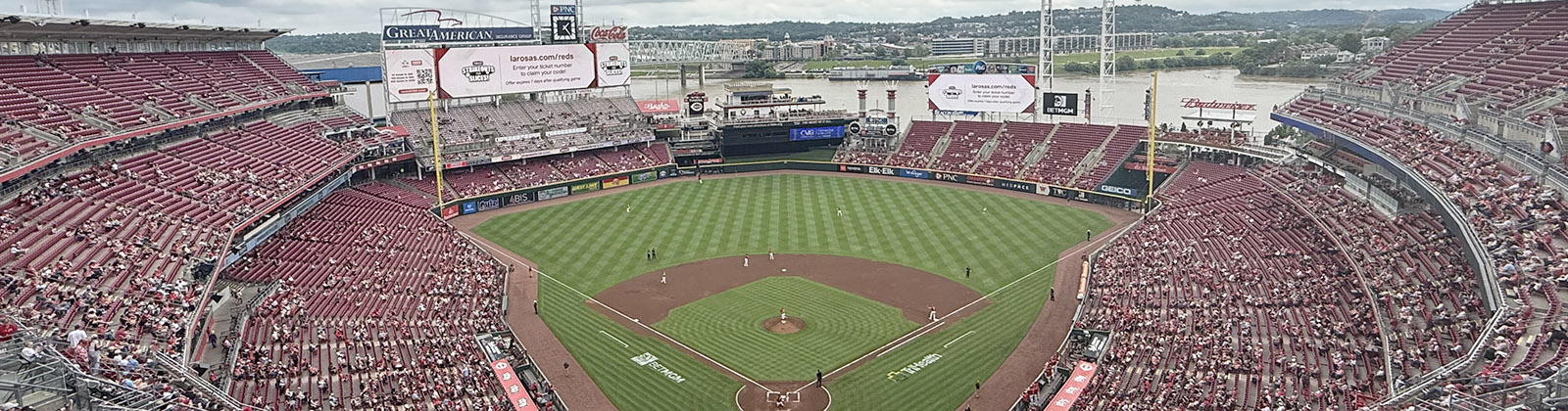 Panoramic view of the field at Great American Ball Park in Cincinnati, Ohio, during a Reds baseball game