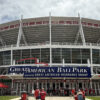 Fans walk up to the home plate entrance at Great American Ball Park in Cincinnati, Ohio