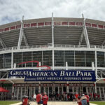 Fans walk up to the home plate entrance at Great American Ball Park in Cincinnati, Ohio