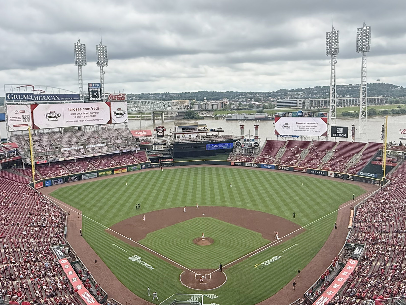 View of the field from behind home plate at Great American Ball Park in Cincinnati, Ohio