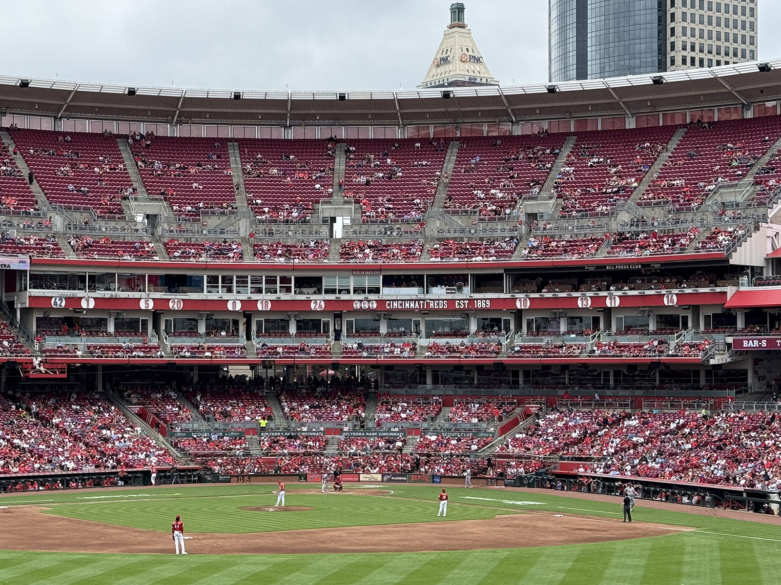 View of the stands and field from the outfield concourse at Great American Ball Park in Cincinnati, Ohio