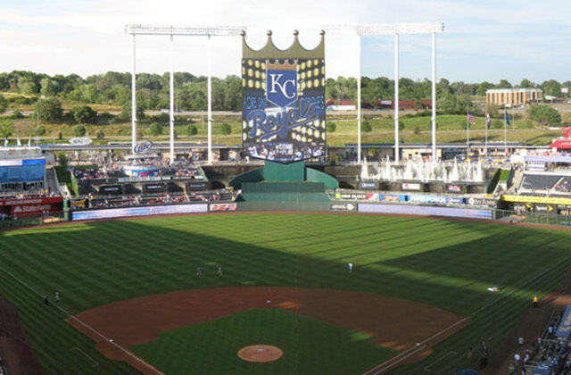 Panoramic view of the seating bowl at Kauffman Stadium during a Kansas City Royals game